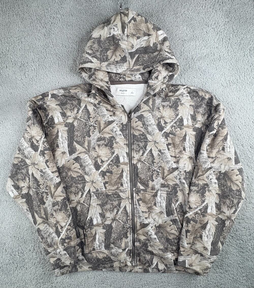Hollister Boxy Fit Full Zip Hoodie Men Large White Brown Camouflage Long Sleeves